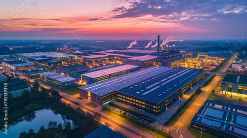 A bird's-eye view of an industrial park at sunset, with smokestacks and vibrant skies. photo