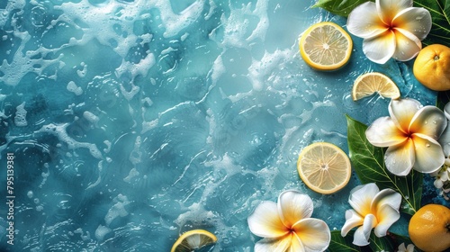 Lemons and Flowers Arrangement on Blue Surface