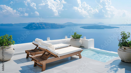 Two chaise lounges on the terrace with sea view. Santo photo