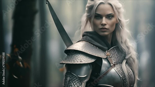 Beautiful elf woman. Fantasy medieval background. The concept of medieval history, life and culture. Ai-generated. photo