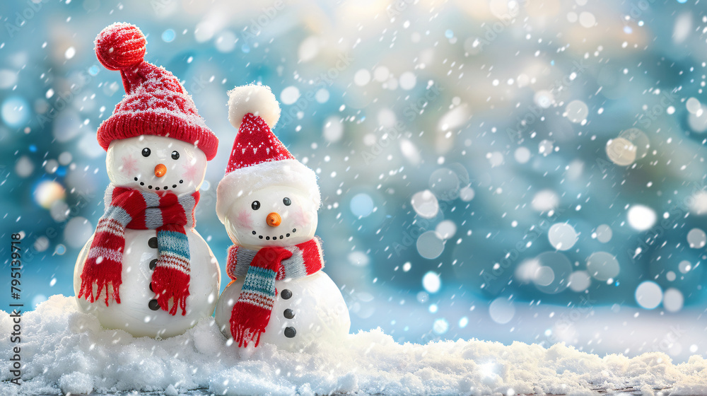 Two cheerful friends snowmen standing in winter landscape