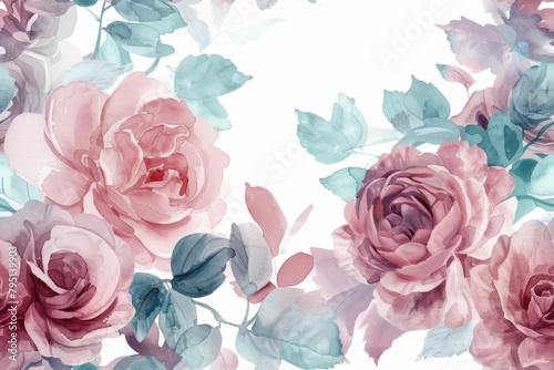 Floral Watercolor Illustration of Seamless Pattern with Pink and Blue Roses