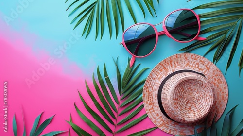 Hat, Sunglasses, and Palm Leaves on Blue and Pink Background