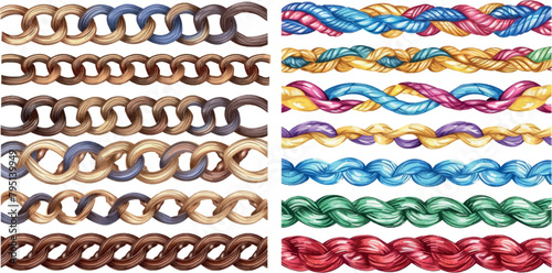 Braid lines. Wicker borders, colored knoted patterns, braided intertwined ropes