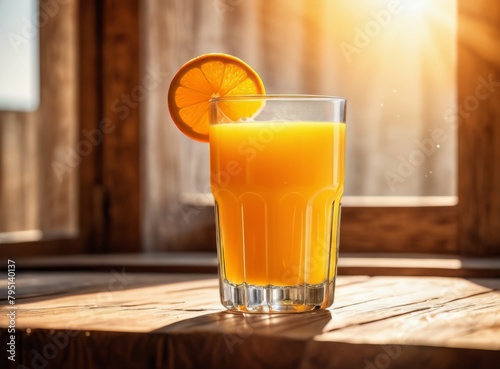 Glass of freshly pressed orange juice on a wooden table