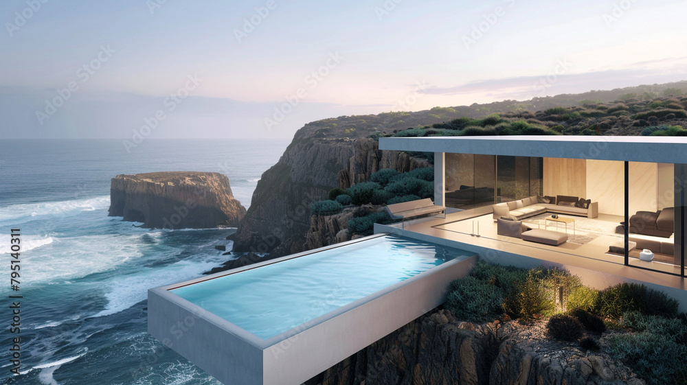 A modern villa with a minimalist design and infinity pool overlooking a breathtaking coastal landscape, with waves crashing against rocky cliffs below.