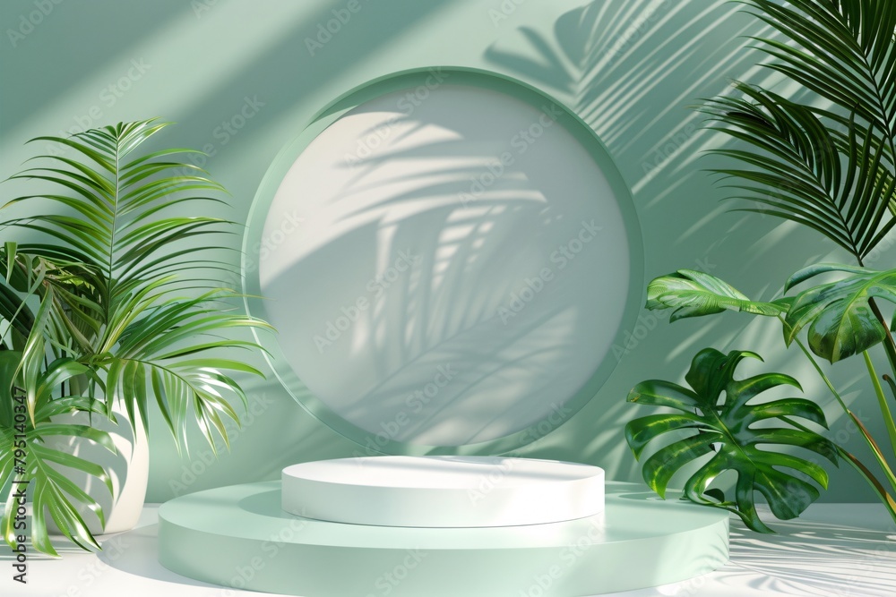 a round white podium with a round white circle and green leaves a round white podium with a round white circle and green leaves