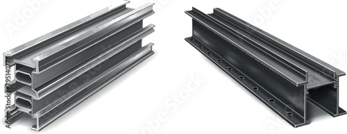 Metal construction beams. Steel structure girders, building materials, iron structural profile for building
