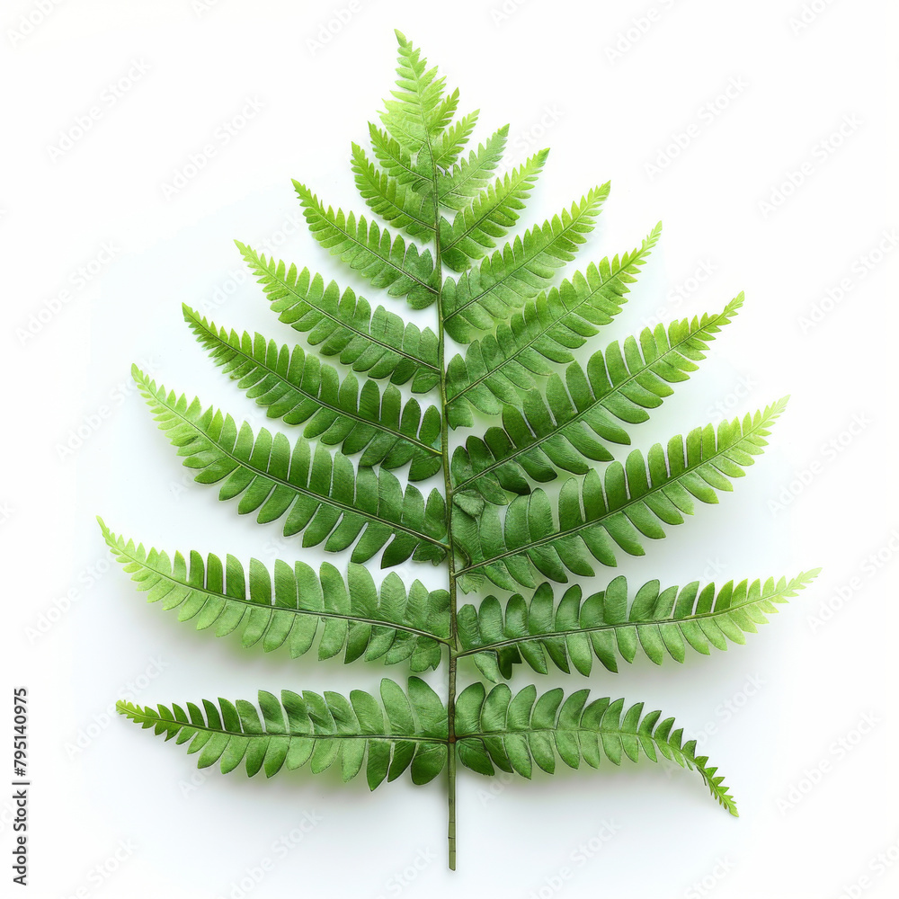 A single lush green fern leaf with detailed fronds isolated on a pristine white background.