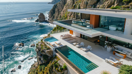A modern villa with a minimalist design and infinity pool overlooking a breathtaking coastal landscape, with waves crashing against rocky cliffs below. © Ateeq