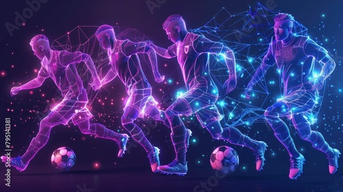 Dynamic Soccer Players Running with Ball in the Darkness Surrounded by Glowing Lines on Black Background