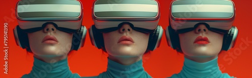 Virtual vision in red - surreal portrait of trio with vr headsets: artistic panoramic representation of three women donning futuristic vr glasses against a vibrant red background