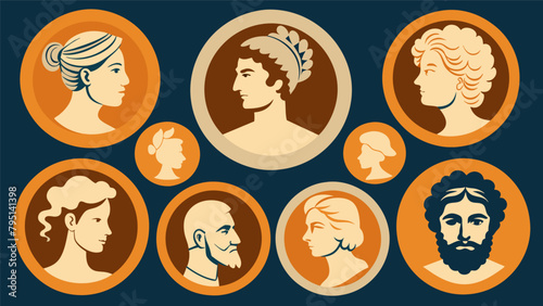 A carefully curated collection of antique cameos featuring carved profiles of figures from Greek mythology..