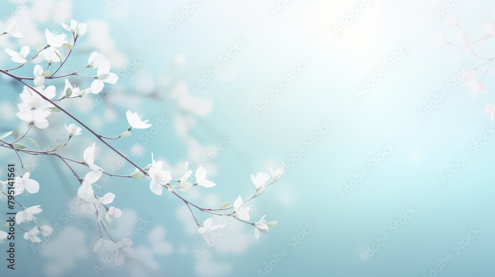 Blossoming branch with white flowers on blue background. Spring concept