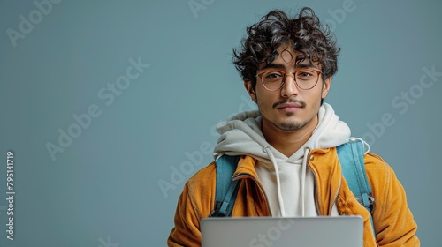 Man With Glasses and Yellow Jacket Holding Laptop