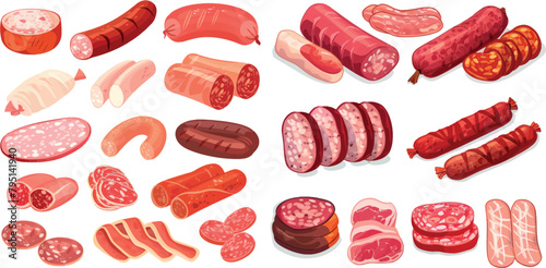 Cartoon delicatessen sausages. Pork sausage chorizo or ham shopping meat market, red salami tasty pepperoni smoked wurstel slices