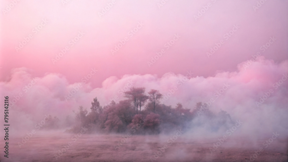 Sunlight struggles to penetrate the misty forest as the morning fog begins to clear, pink theme