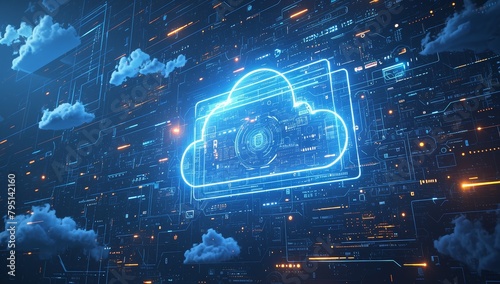 A digital illustration of cloud computing  with glowing blue clouds representing data storage and connections between virtual workers