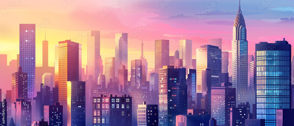 Vibrant sunset paints the sky behind a striking city skyline filled with colorful skyscrapers. Vibrant sunset paints the sky behind a striking city skyline filled with colorful skyscrapers.