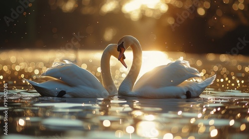 Two Swans Swimming at Sunset