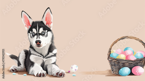 Adorable Husky dog with bunny ears and Easter basket
