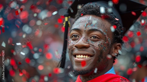 Man in Graduation Cap and Gown Surrounded by Confetti