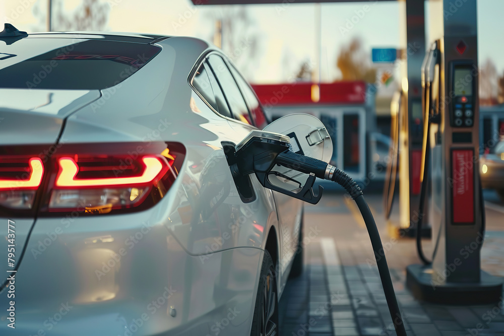 Car fueling at the gas station. Refuel fill up with gasoline. Petrol pump filling fuel nozzle in fuel tank of white car. Rising price, oil industry crisis. Auto Service. Transmission, Maintenance Gear Car fueling at the gas station. Refuel fill up with gasoline. Petrol pump filling fuel nozzle in fuel tank of white car. Rising price, oil industry crisis. Auto Service. Transmission, Maintenance Gear
