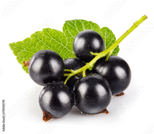 Berries black currant with green leaf. Fresh fruit, isolated on white background. © Yasonya