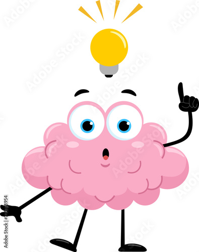 Funny Brain Cartoon Character Having A Bright Idea With A Light Bulb. Vector Illustration Flat Design Isolated On Transparent Background