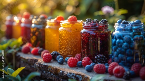 Row of Jars Filled With Berries and Blueberries