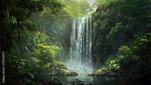 A tranquil waterfall hidden deep within a lush forest, its cascading waters a soothing melody in the heart of nature.