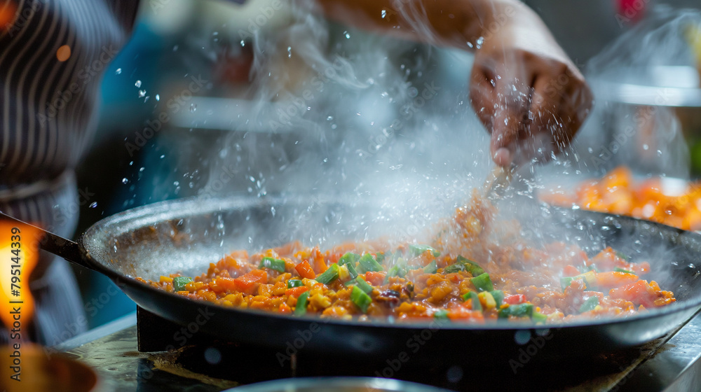 lose-up of the chef's hands expertly seasoning a sizzling pan, infusing the air with aromatic spices as flavors meld together to create a mouthwatering dish that tantalizes the sen lose-up of the chef's hands expertly seasoning a sizzling pan, infusing the air with aromatic spices as flavors meld together to create a mouthwatering dish that tantalizes the sen