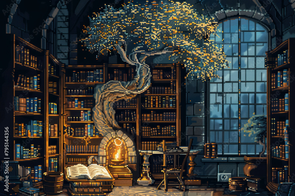 Fototapeta premium Enchanting Pixel Art Library with Illuminated Tree and Books