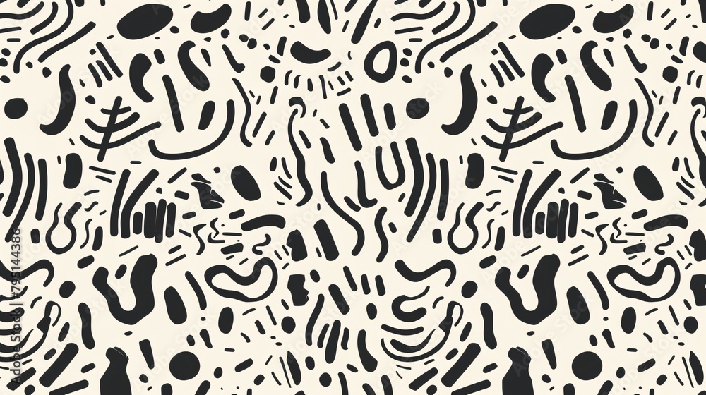 Fun and minimalist black line doodle seamless pattern with basic shapes, perfect for children or trendy designs