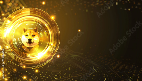Dogecoin coin on a blurred background with space for text