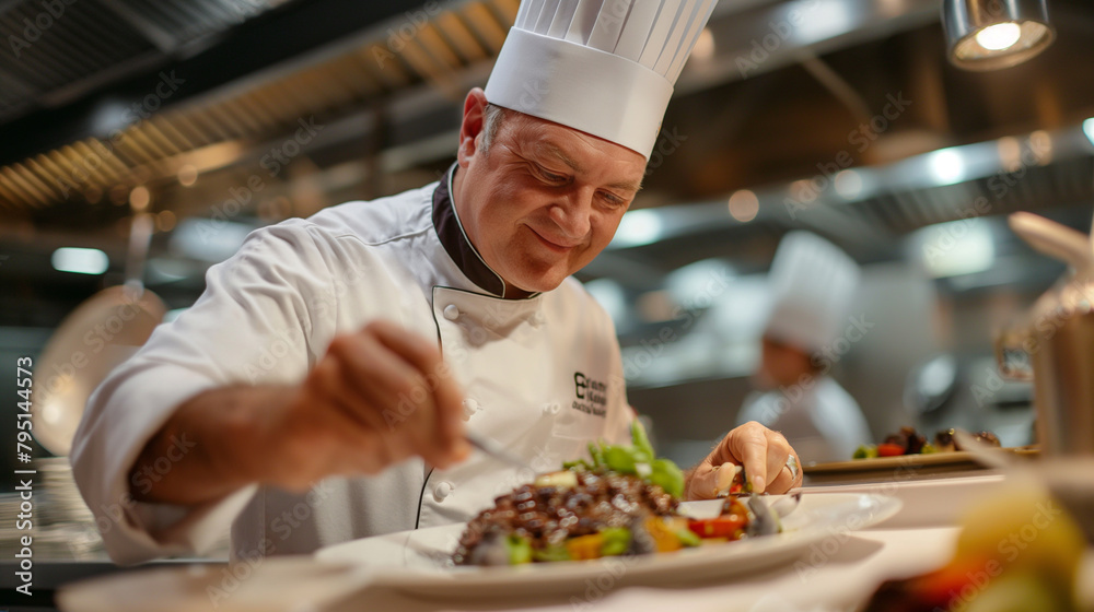 The chef's face lights up with satisfaction as he puts the finishing touches on a gourmet creation, showcasing his passion and expertise in crafting a memorable dining experience.