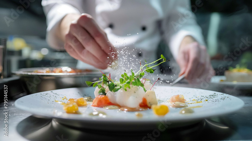A slow-motion shot captures the chef's artful presentation of a seafood dish, with delicate herbs and citrus garnishes adorning the plate, evoking the essence of culinary elegance.