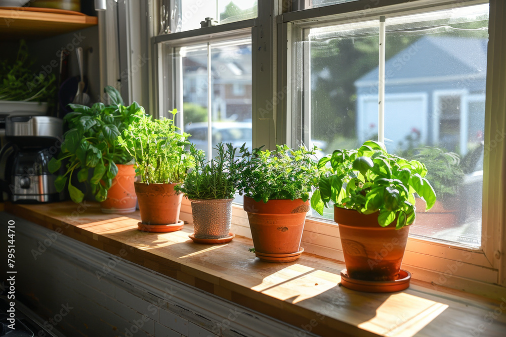 Potted herbs bask in the sunlight on a kitchen windowsill, evoking freshness.