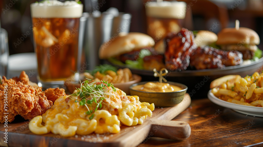 Close-up of a table featuring a blend of classic comfort foods such as macaroni and cheese, crispy chicken wings, and gourmet sliders, offering a comforting and indulgent dining ex