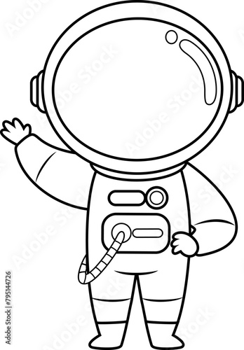 Outlined Cute Astronaut Cartoon Character Waving For Greeting. Vector Hand Drawn Illustration Isolated On Transparent Background (ID: 795144726)