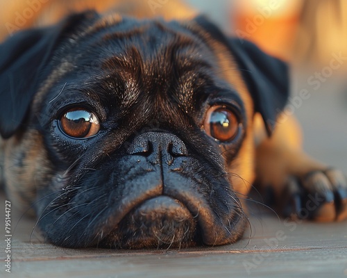 Pug perro, adorable snout framed in soft, golden light photo