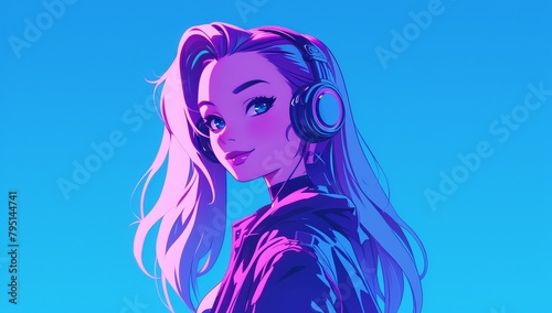 A girl with headphones listening to music, with a purple and pink color scheme