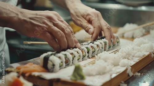 A pair of hands skillfully rolling sushi, showcasing the precision and artistry of Japanese cuisine. photo