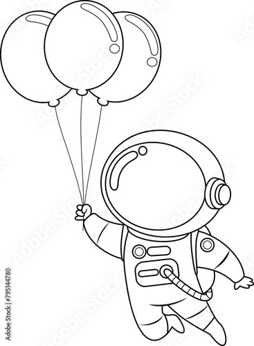 Outlined Cute Astronaut Cartoon Character Flying Using A Balloons. Vector Hand Drawn Illustration Isolated On Transparent Background (ID: 795144780)
