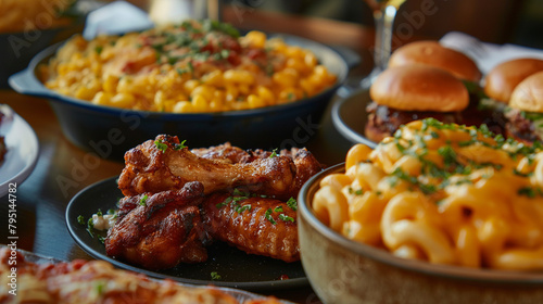 Close-up of a table featuring a blend of classic comfort foods such as macaroni and cheese, crispy chicken wings, and gourmet sliders, offering a comforting and indulgent dining ex photo