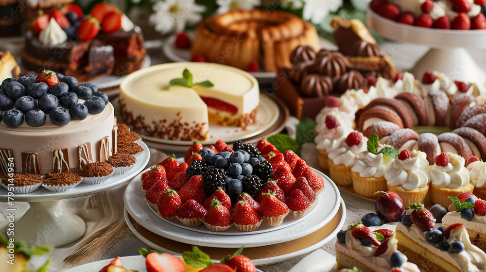 Close-up of a table showcasing a mix of traditional and modern desserts, from decadent cakes and pastries to delicate fruit tarts and creamy gelato, offering a sweet finale to a me