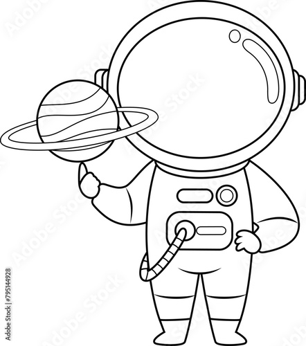 Outlined Cute Astronaut Cartoon Character Holding Saturn Planet. Vector Hand Drawn Illustration Isolated On Transparent Background (ID: 795144928)