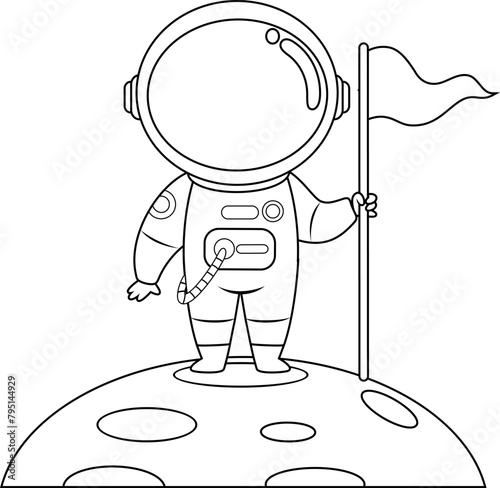 Outlined Cute Astronaut Cartoon Character Standing On A Planet And Holding Flag. Vector Hand Drawn Illustration Isolated On Transparent Background (ID: 795144929)