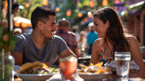 From a side angle, a man and a woman enjoy tacos and nachos at a lively street-side cafe, their smiles conveying shared enjoyment and camaraderie over flavorful Tex-Mex cuisine. photo