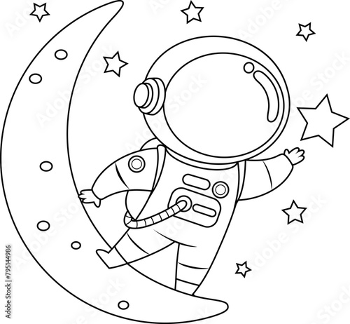 Outlined Cute Astronaut Cartoon Character Standing On A Moon And Waving. Vector Hand Drawn Illustration Isolated On Transparent Background (ID: 795144986)
